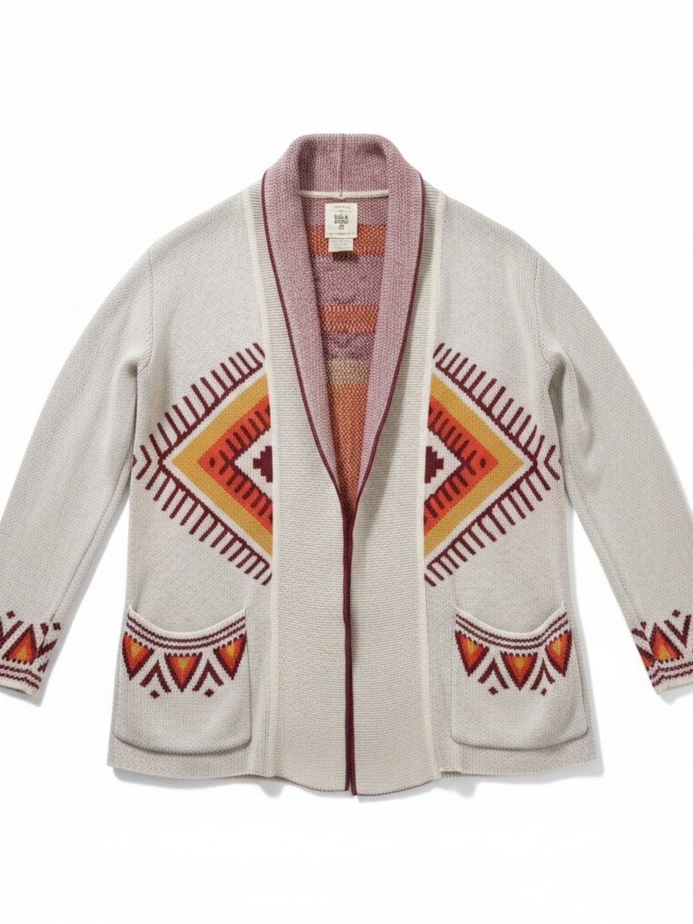 Billabong Cream Open-Front Southwest Boho Aztec Open Cardigan